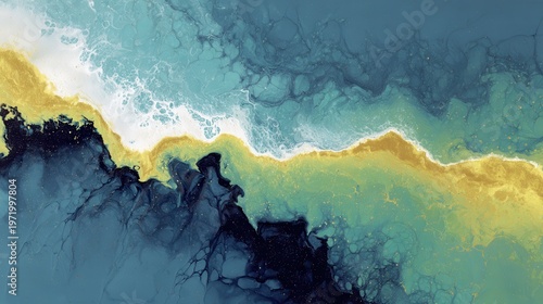 Abstract Acrylic Fluid Art: Waves of Blue, Gold, and White Contrast