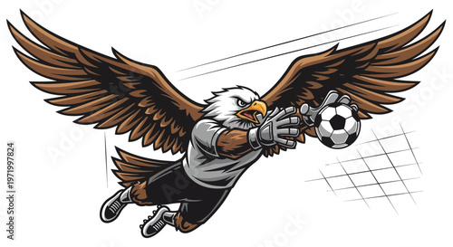 Eagle Goalkeeper Catches Soccer Ball Mid-Air, Sports Mascot Illustration