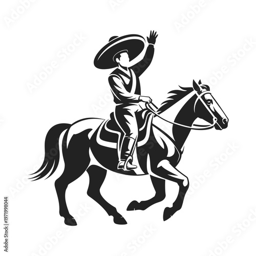 A black and white illustration of a charro riding a horse