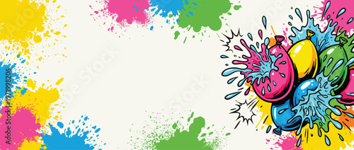 Colorful Water Balloons with Comic Burst Accents and Splashes for Holi