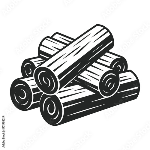 Stacked logs in monochrome creating a rustic woodpile illustration