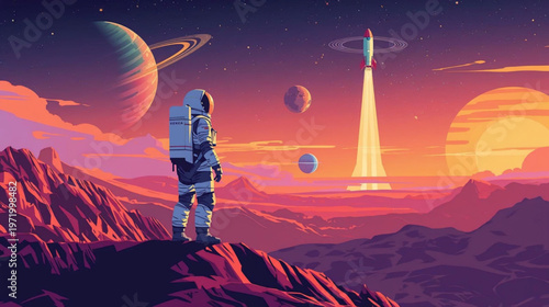 illustration of astronaut gazing at a rocket launching into a starry sky