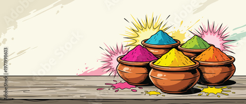 Holi Festival Colorful Powder Bowls with Comic Burst Accents and Splashes