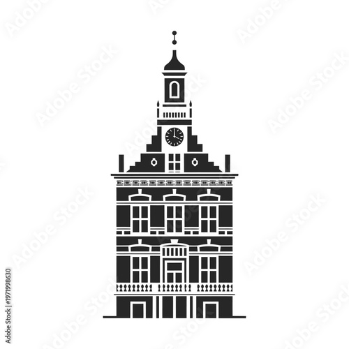 Detailed black and white illustration of a classic european town hall