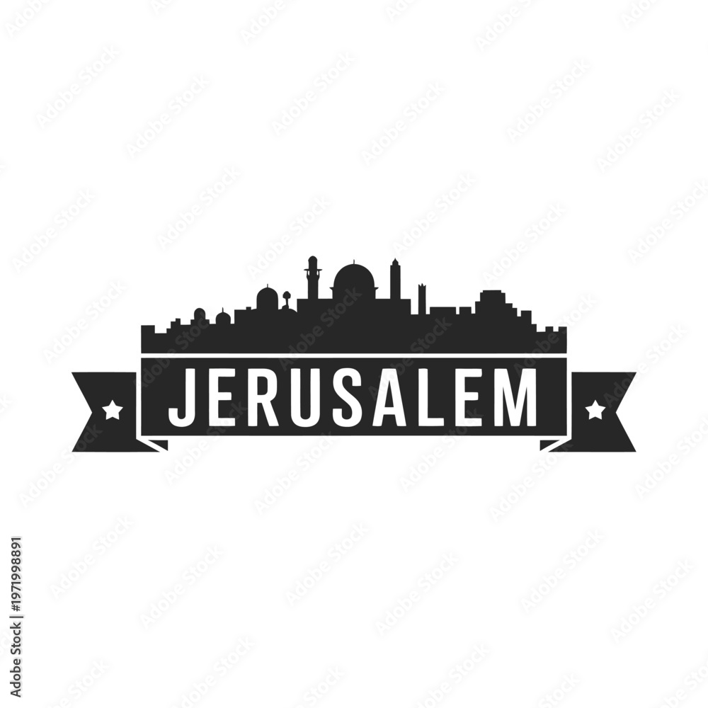 Naklejka premium Silhouette of jerusalem skyline with a decorative ribbon banner
