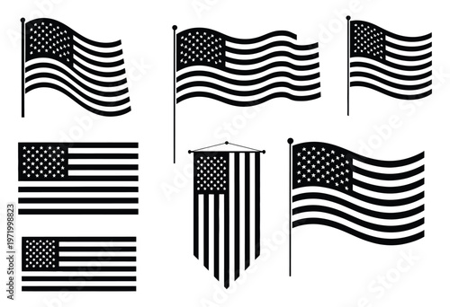 American flag silhouettes icons set, waving motion flags, flagpoles, triangular shapes, stars and stripes patterns, patriotic United States graphics