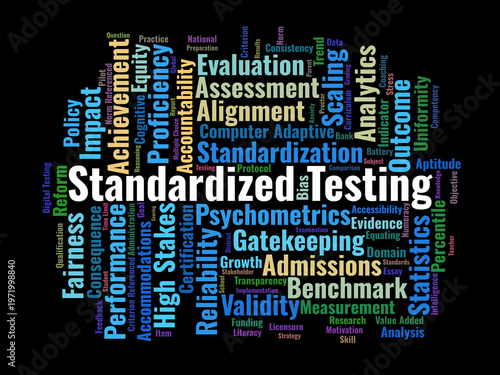 Standardized Testing Word Cloud. A Comprehensive Mapping Of Psychometric Principles, High Stakes Assessment Models, And Educational Accountability Metrics For Academic Professionals.
