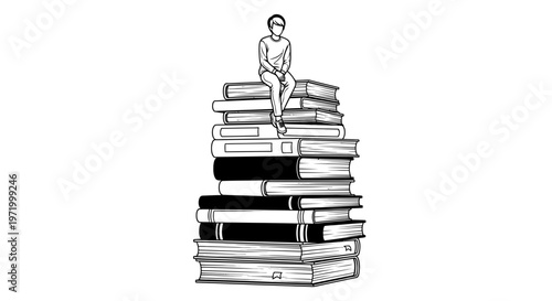 man sitting on stack of books, bookworm, reading