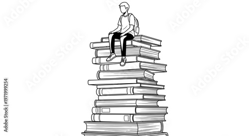 Man sitting on stack of books, reading and learning