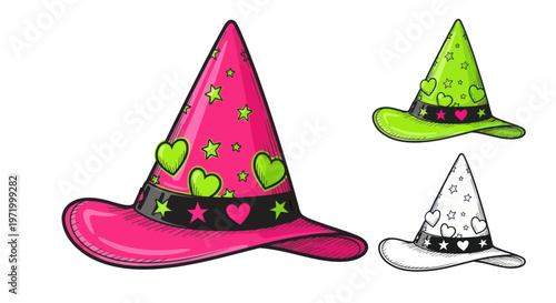 Whimsical Witch Hats Collection: Pink, Neon Green, and Sketchy Designs