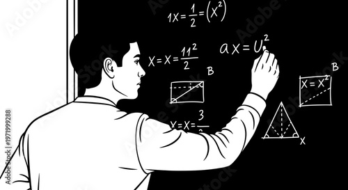 man writing math equations on blackboard