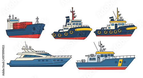 Diverse Nautical Vessels: Cargo Ship, Tugboats, Yacht, Patrol Boat