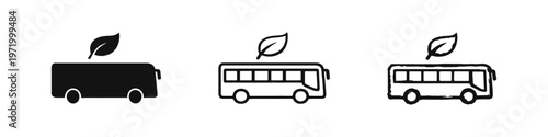Eco Green Bus Icons Set - Environmentally Friendly Public Transport Symbol with Leaf