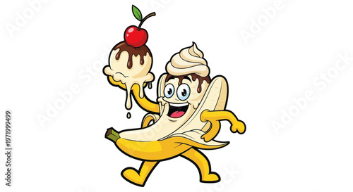 Happy Cartoon Banana Character Holding Ice Cream Sundae