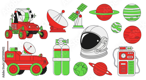 Space Exploration Icons: Rover, Astronaut Helmet, Planets, Satellite Dish, Fuel Station