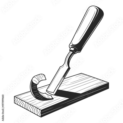 A vintage wood carving chisel resting on a small plank of wood