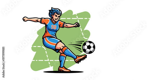 Female soccer player kicking ball, dynamic action, cartoon style
