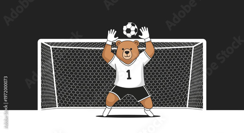Funny bear goalie catching soccer ball in net, cartoon illustration, sports concept