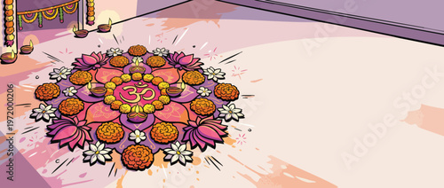 Navratri Festival Rangoli Decoration with Om Symbol and Floral Accents