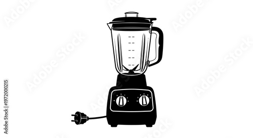 Modern electric kitchen blender with glass jar metal blades and control knobs isolated on a clean white background ready for blending healthy smoothies and gourmet recipes