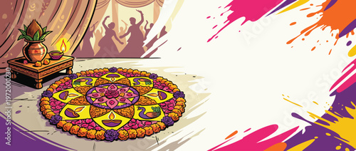 Navratri Festival Rangoli Floral Design with Puja Ceremony Background