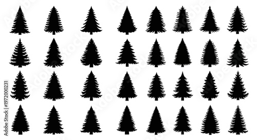 Collection of various stylized black silhouettes of pine trees and fir trees arranged in a grid pattern representing winter nature and holiday themes perfect for graphic design
