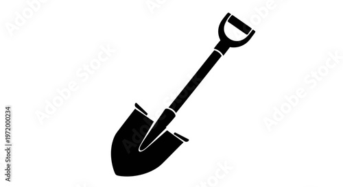 Black silhouette of a garden spade tool with a d shaped handle isolated on a clean white background symbolizing digging gardening and outdoor work for construction or landscaping