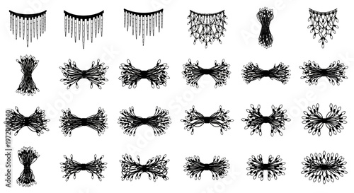 Collection of diverse hand drawn decorative christmas light string designs isolated on white background featuring icicle bow and abstract shapes for festive holiday celebrations