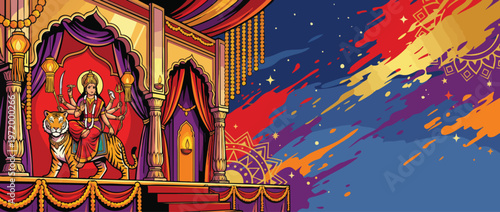 Navratri Festival Stage Design with Goddess Durga on Tiger and Vibrant Colors