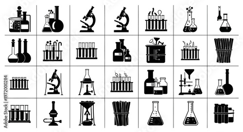 Collection of black and white icons representing scientific laboratory equipment including beakers flasks test tubes microscopes and bunsen burners isolated on a white background