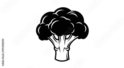 Stylized black and white silhouette illustration of a fresh broccoli head with visible florets and thick stem isolated on a clean white background representing healthy eating