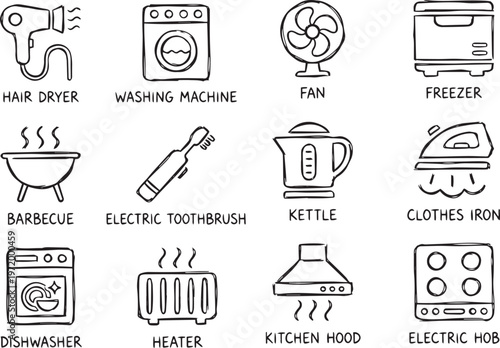 A set of modern kitchen and household appliances icons on transparent background