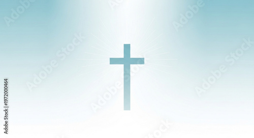A serene blue cross symbol stands against a radiant gradient background with divine light beams shining down from above conveying hope and spirituality