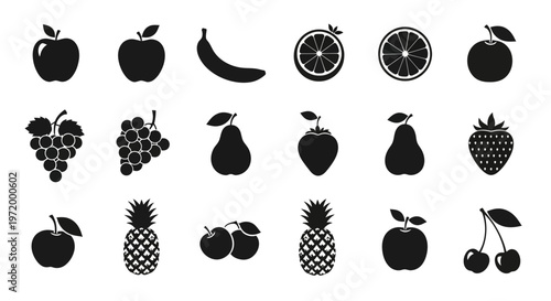 Diverse collection of simple black silhouette icons representing various fresh fruits like apples bananas oranges grapes pears strawberries pineapples and cherries presented