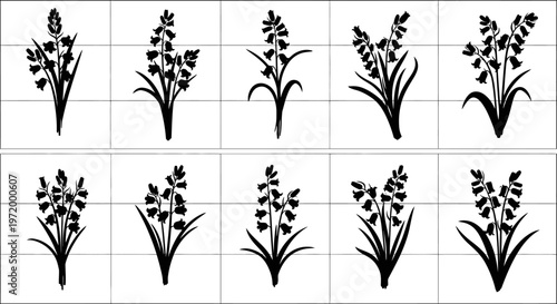 Collection of ten stylized black silhouette illustrations of wild grass or wheat stalks with detailed seed heads and leaves arranged in two rows against a clean white grid