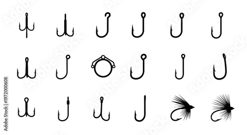 Collection of various fishing hooks and lures in silhouette showcasing different sizes shapes and styles for angling presented on a clean white background with sharp clear lines