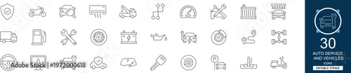 Auto service and vehicles line icon set with 30 icons: car repair, automotive, maintenance, engine, garage, transport, vehicle, mechanic. Clean linear vector, editable stroke for web projects.