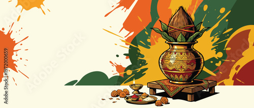 Navratri Kalash Arrangement with Traditional Elements on Abstract Background