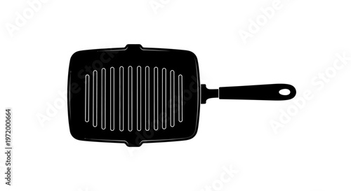Simple black silhouette of a cast iron grill pan with vertical ridges and a single handle isolated on a clean white background representing cooking and culinary preparation