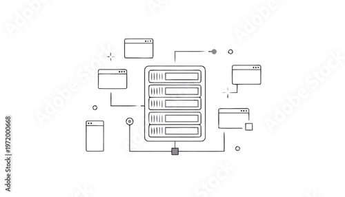 Server Rack with Connected Devices in Line Art Style.