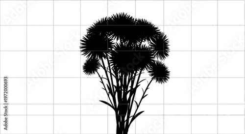 Silhouette of a fluffy botanical plant with multiple spiky flower heads against a clean white background with a subtle grid pattern representing nature and simplicity in design