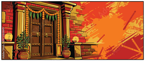 Navratri Temple Doorway with Marigold Garlands and Diyas