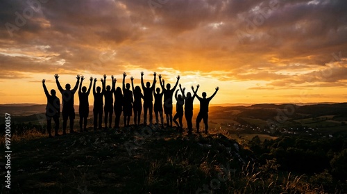 A triumphant group of people with arms raised in victory, silhouetted against a spectacular golden sunset on a mountaintop, celebrating achievement and unity