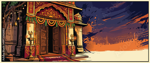 Navratri Temple Entrance with Elegant Decor and Festive Atmosphere