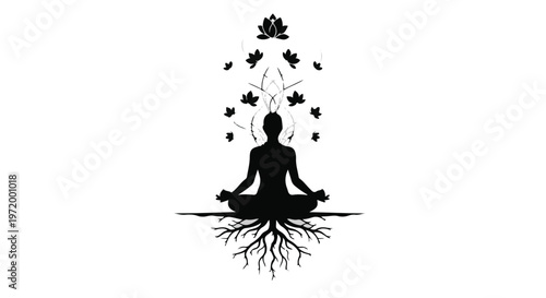 Silhouette of person meditating with roots below and lotus flowers above, symbolizing growth and enlightenment.