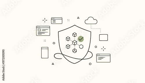 Shield with gears and icons.