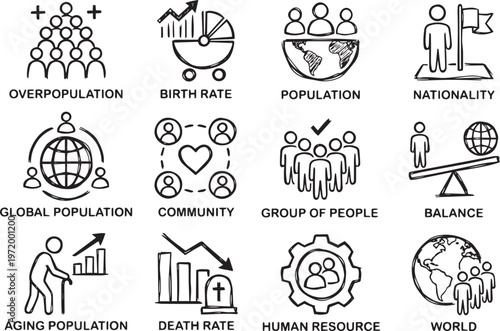 A vector graphic illustration of various demographic and population icons on a transparent background