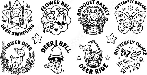 Black and white line art baby deer swinging flower bell bouquet basket and butterfly vector set