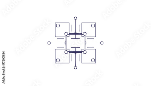 Stylized Microchip Illustration with Square Components and Circular Connectors.