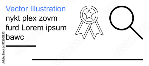 Quality assurance, certification processes, inspection, analysis, research, achievement. Ribbon emblem and magnifying glass on a white background. Quality assurance and certification concepts
